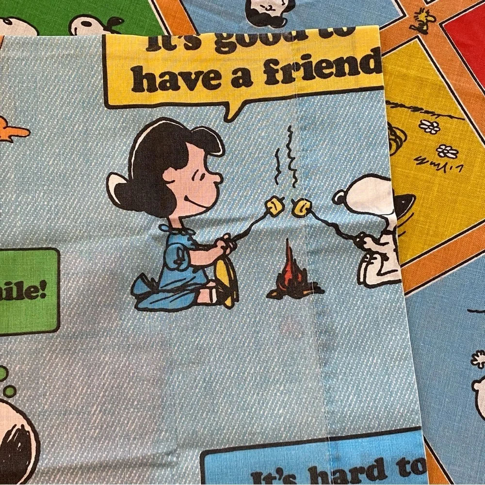 Vtg Peanuts Charlie Brown Snoopy Twin Flat Sheet & Pillow Case Colorful Quotes